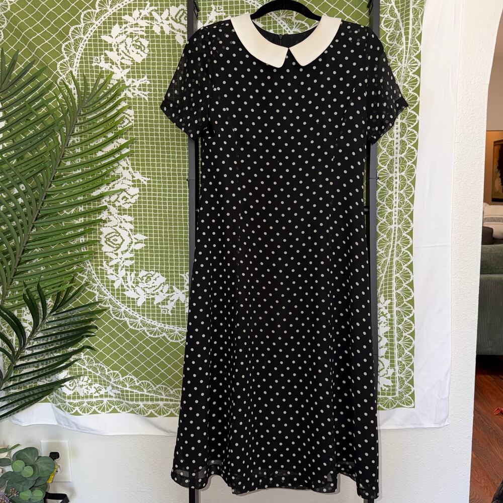 🖤 TRUE VINTAGE Polka Dot Midi Dress with Peter‎ Pan Collar 🤍